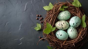 AI generated Quail eggs in a nest, Easter background, copy space, top view. photo