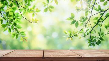 AI generated Spring background with green leafy branches and wooden base photo