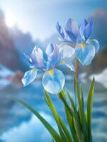 AI generated Iris Flower Against Sunny Day Mountain Background photo