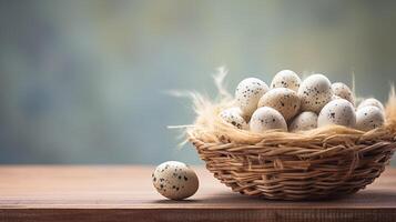 AI generated Quail eggs in a basket, Easter background copy space. photo