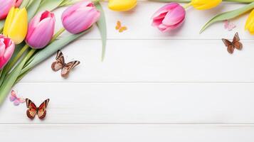 AI generated Colorful Spring Tulips and Butterflies. Flat Lay.. photo