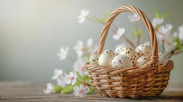 ai generado Pascua de Resurrección composición con codorniz huevos en un nido en madera, primavera flores foto