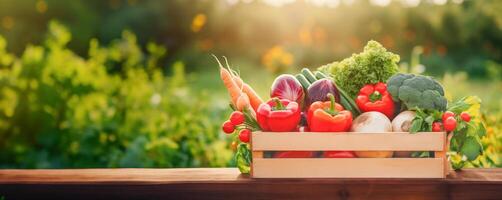 ai generado un caja de clasificado vegetales en un de madera tableta foto