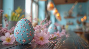AI generated Cocolate Easter egg on colorful Easter table decorated for the party. photo