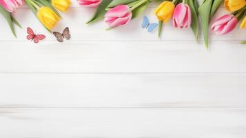 AI generated Colorful Spring Tulips and Butterflies. Flat Lay.. photo