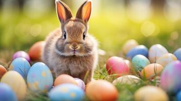 AI generated Brown rabbit with colored eggs in a blurry background. photo