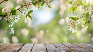 AI generated Spring background with flowering branches and wooden base photo