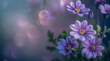 AI generated Cluster of Purple Flowers With Green Leaves photo