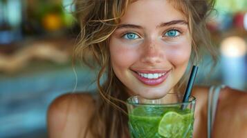 ai generado sonriente rubia mujer con azul ojos foto