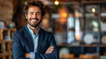 ai generado sonriente hombre con brazos cruzado foto