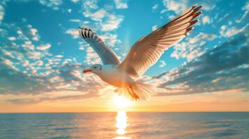 AI generated White Bird Flying Over Ocean at Sunset photo