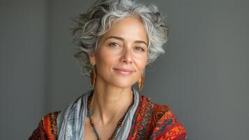 AI generated Woman With Grey Hair Wearing Scarf photo