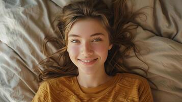 ai generado sonriente mujer en gorro foto