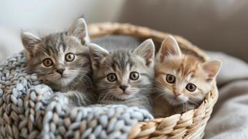 AI generated Three Small Kittens Sitting in a Basket photo