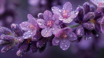 ai generado cerca arriba de púrpura flor con agua gotas foto