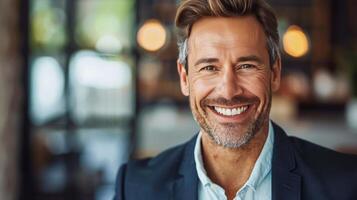 ai generado sonriente hombre con brazos cruzado foto