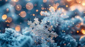 AI generated Detailed Snowflake Close Up With Blurry Lights photo