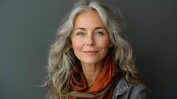 AI generated Woman With Grey Hair Wearing Scarf photo