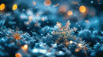 AI generated Detailed Snowflake Close Up With Blurry Lights photo