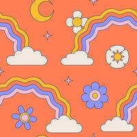 retro verano cielo superficie diseño para guardería y bebé moda. infantil ondulado arcoiris con luna, nube y hippie flores contorno geométrico vector sin costura modelo.