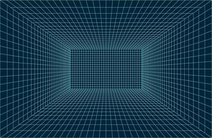 3d wireframe linear grid room. 3d perspective laser grid in Retrowave, synthwave, style. Cyberspace dark background with neon lines. Futuristic digital hallway space in virtual reality. Vector design.