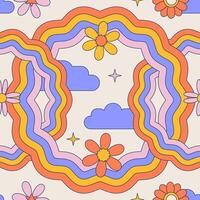 Groovy retro seamless pattern with wavy round rainbow, flowers, clouds. Contour geometric vector illustration.