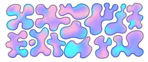 3d hologram liquid abstract organic shapes set. Set y2k holographic fluid vector elements for modern futuristic design. Milting slime blobs. Vector illustration.