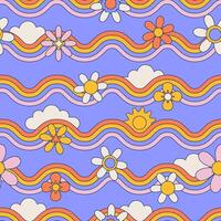 Seamless pattern with daisy flower, clouds and wavy rainbow on blue sky background vector illustration. Groovy hippie summer background.