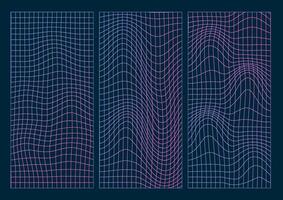 Geometry wireframe thin line grid backgrounds set in neon pink and blue colors. 3D abstract posters, patterns, cyberpunk elements in psychedelic rave style. 00s Y2k retro futuristic aesthetic. Vector
