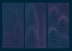 Geometry wireframe thin line grid backgrounds set in neon pink and blue colors. 3D abstract posters, patterns, cyberpunk elements in psychedelic rave style. 00s Y2k retro futuristic aesthetic. Vector