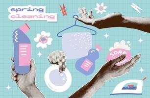 Spring Cleaning service halftone collage paper elements set - hands holding soap, cleaning product, washed clothes on a hanger. Trendy retro vector illustration.
