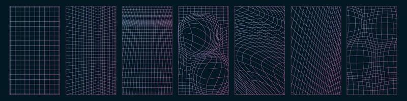 Set of perspective and distorted neon grid patterns. Retrowave, synthwave, rave, vaporwave Blue and purple colors. Trendy retro 1980s, 1990s style. Linear gradient vector illustration.