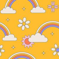 Seamless pattern rainbow arcs with daisy flowers on groovy yellow background vector illustration.