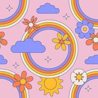 Groovy round rainbow with flowers seamless pattern. Hippie child abstract geometric arc and daisies background. Bright summer sky surface design for nursery baby fashion. Vector linear illustration.