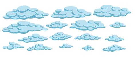 Flat Cartoon clouds collection. Cloudscape in sky, white cloud with shadows isolated vector illustration