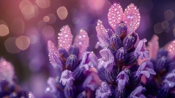 ai generado cerca arriba de púrpura flor con agua gotas foto