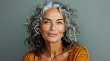 ai generado mujer con gris pelo vistiendo bufanda foto