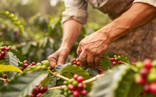 AI generated Coffee Harvest in the Light of Sunset. photo