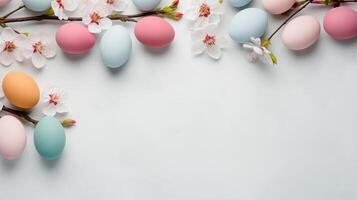 AI generated Easter background with colorful eggs and almond branches in spring flowers, top view,. photo