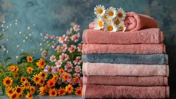 AI generated Stack of Towels With Daisies photo