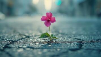 AI generated Single Pink Flower Emerges From Ground photo