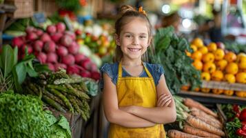 ai generado pequeño niña en pie en frente de vegetales foto