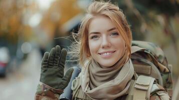 AI generated Female Soldier Waves to Camera photo