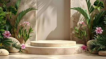 AI generated Stone Table Surrounded by Tropical Plants photo