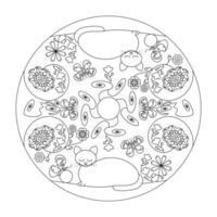 Mandala. Relaxed Cat with eyes closed. Butterflies and Flowers. Coloring page. vector