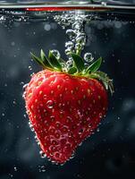 AI generated close-up A of ripe 1 strawberry, with water droplets, falling into a deep black water tank, underwater photography, contrast enhancement, natural sunlight filtering through water photo