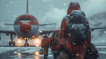 AI generated Male and female tourists carrying backpacks and bags rush to board a passenger plane. On an airport runway to board a plane in bad weather with a heavy blizzard. photo