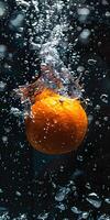 AI generated close-up A of ripe 1 orange, with water droplets, falling into a deep black water tank, underwater photography, contrast enhancement, natural slow motion capture, dynamic photo