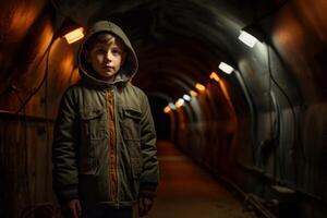 AI generated Hi-tech Modern child boy underground bunker. Generate Ai photo