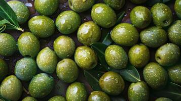 AI generated Fresh Green Olives With Leaves photo